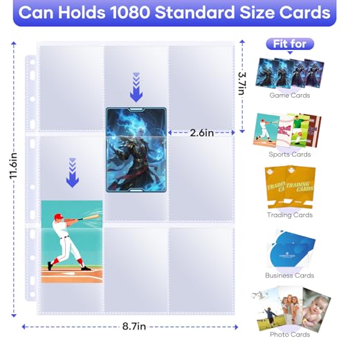TiopLior 60-Pack 9-Pocket Double-Sided Card Sleeves for 3-Ring Binder – Holds 1080 Cards, Clear Polypropylene