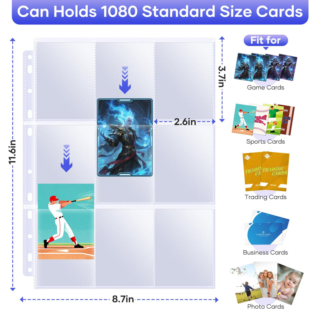 TiopLior 60-Pack 9-Pocket Double-Sided Card Sleeves for 3-Ring Binder – Holds 1080 Cards, Clear Polypropylene