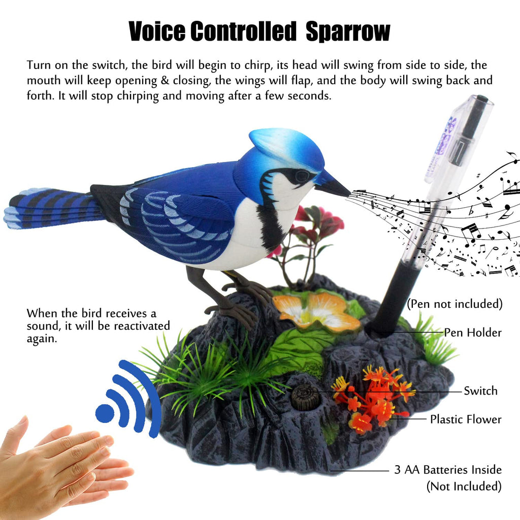 Tipmant Blue & White Electronic Bird Toy - Sound-Activated, Moves and Chirps, Desk Decor with Pen Holder