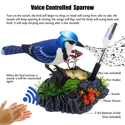 Tipmant Blue & White Electronic Bird Toy - Sound-Activated, Moves and Chirps, Desk Decor with Pen Holder
