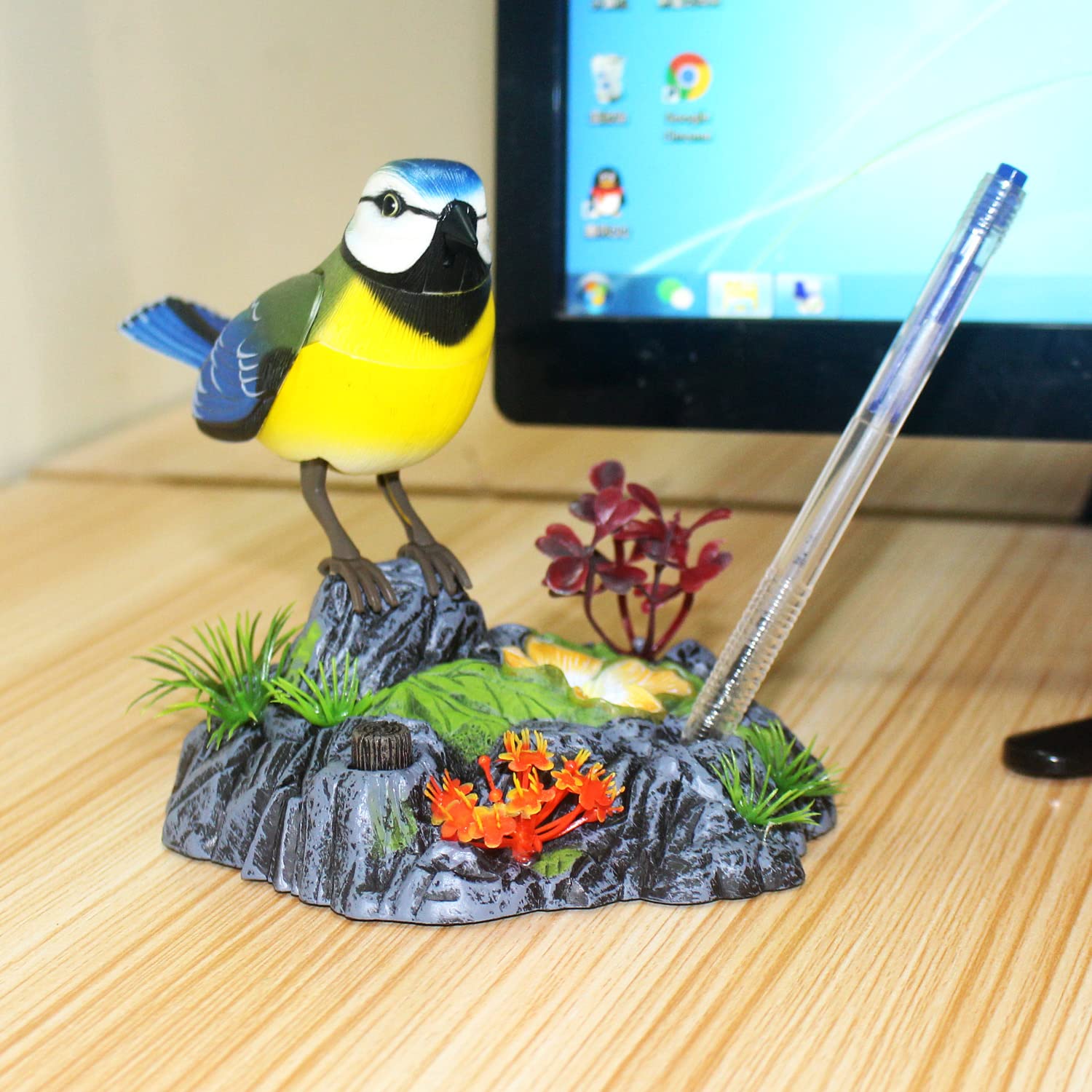 Tipmant Cute Electronic Bird Toy with Voice Control - Realistic Moving & Chirping Desk Decor, Kids Gift (Blue & Yellow)