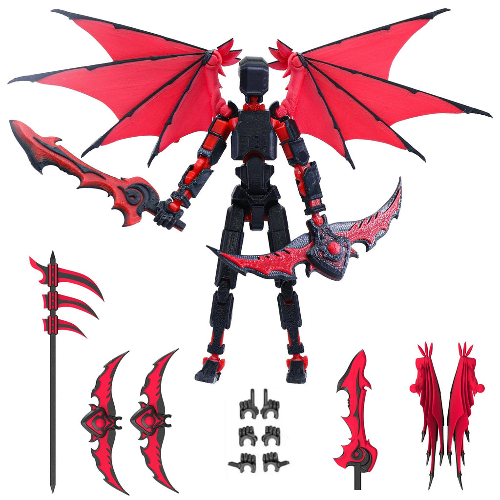 Titan 13 Robot Action Figure - Dummy 13 Articulated with Demon Wings, 3D Printed Poseable Robot Toy (Rose Red)