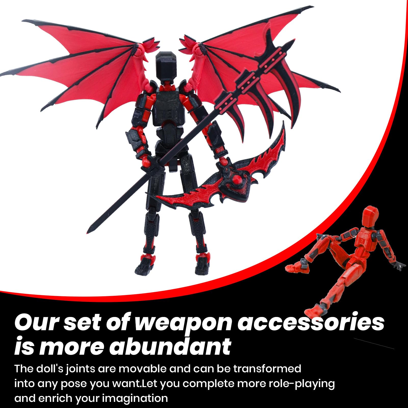 Titan 13 Robot Action Figure - Dummy 13 Articulated with Demon Wings, 3D Printed Poseable Robot Toy (Rose Red)