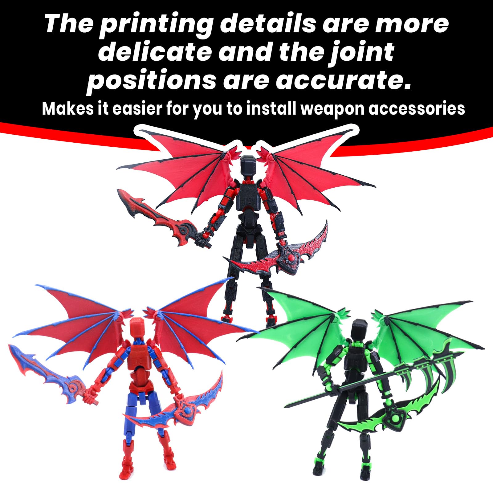 Titan 13 Robot Action Figure - Dummy 13 Articulated with Demon Wings, 3D Printed Poseable Robot Toy (Rose Red)