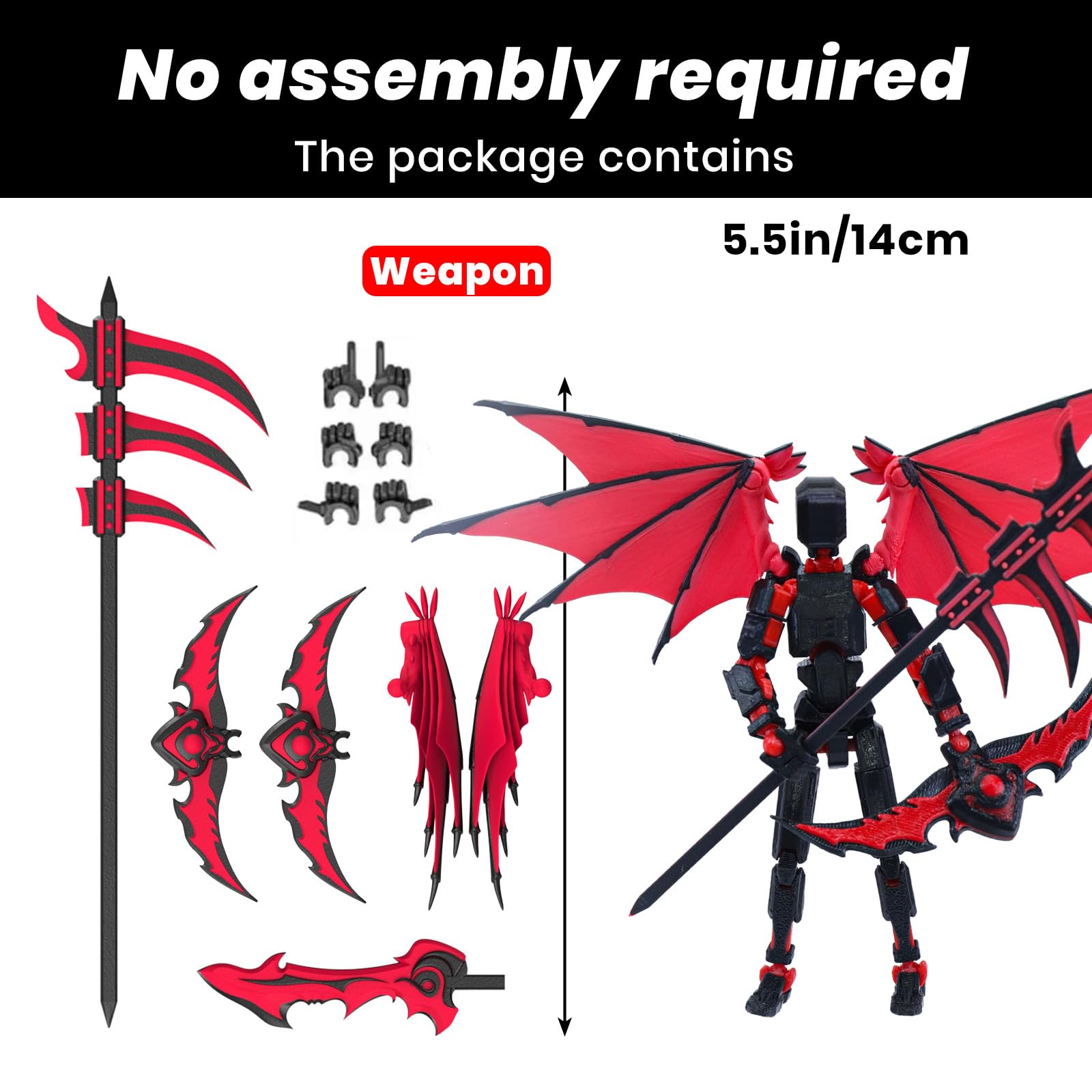 Titan 13 Robot Action Figure - Dummy 13 Articulated with Demon Wings, 3D Printed Poseable Robot Toy (Rose Red)