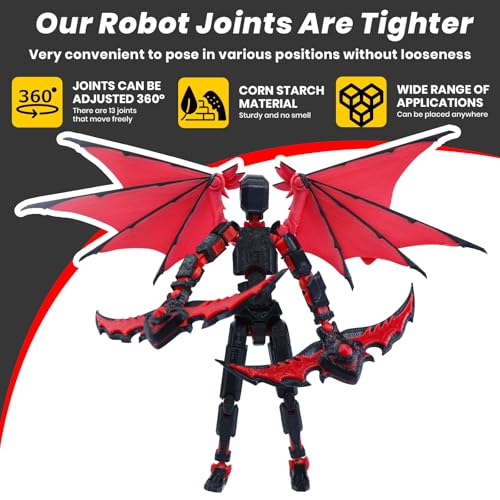Titan 13 Robot Action Figure - Dummy 13 Articulated with Demon Wings, 3D Printed Poseable Robot Toy (Rose Red)