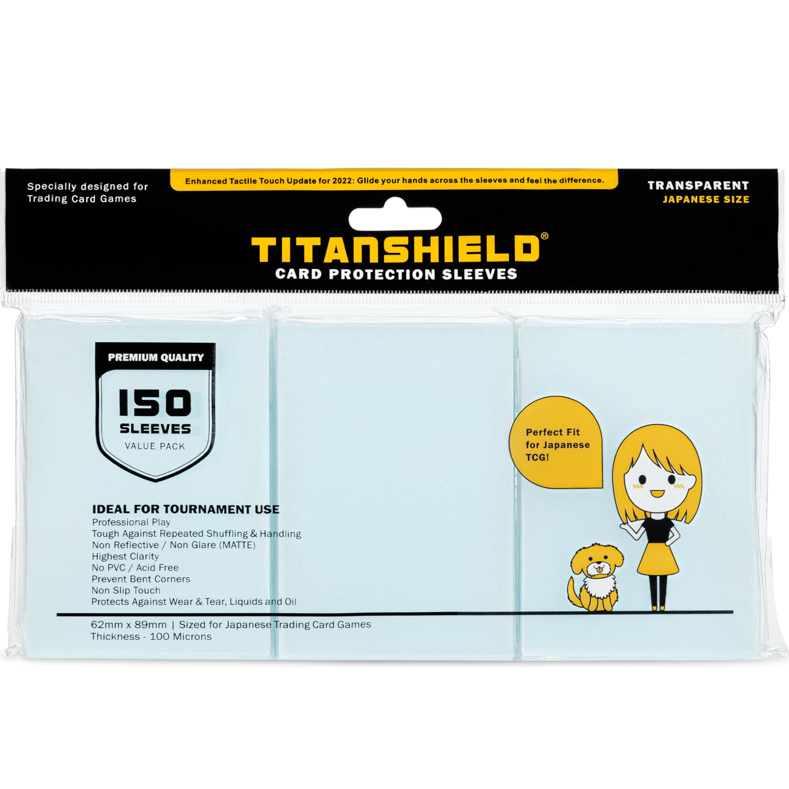 TitanShield Clear Small Japanese Size Card Sleeves (150 Pack) – 100 Micron Deck Protectors for Yu-Gi-Oh, Vanguard, Kpop Photocards