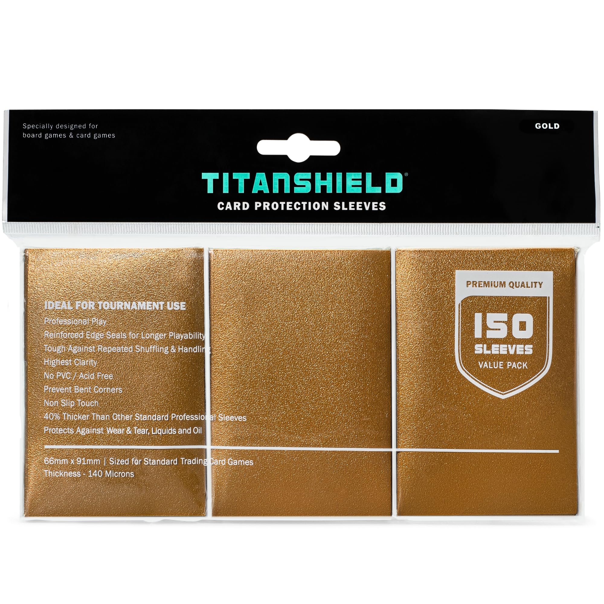 TitanShield Premium Card Sleeves (150 Pack) - Standard Size 66x91mm, Gold, Dual-Textured, Archival Polypropylene for TCG
