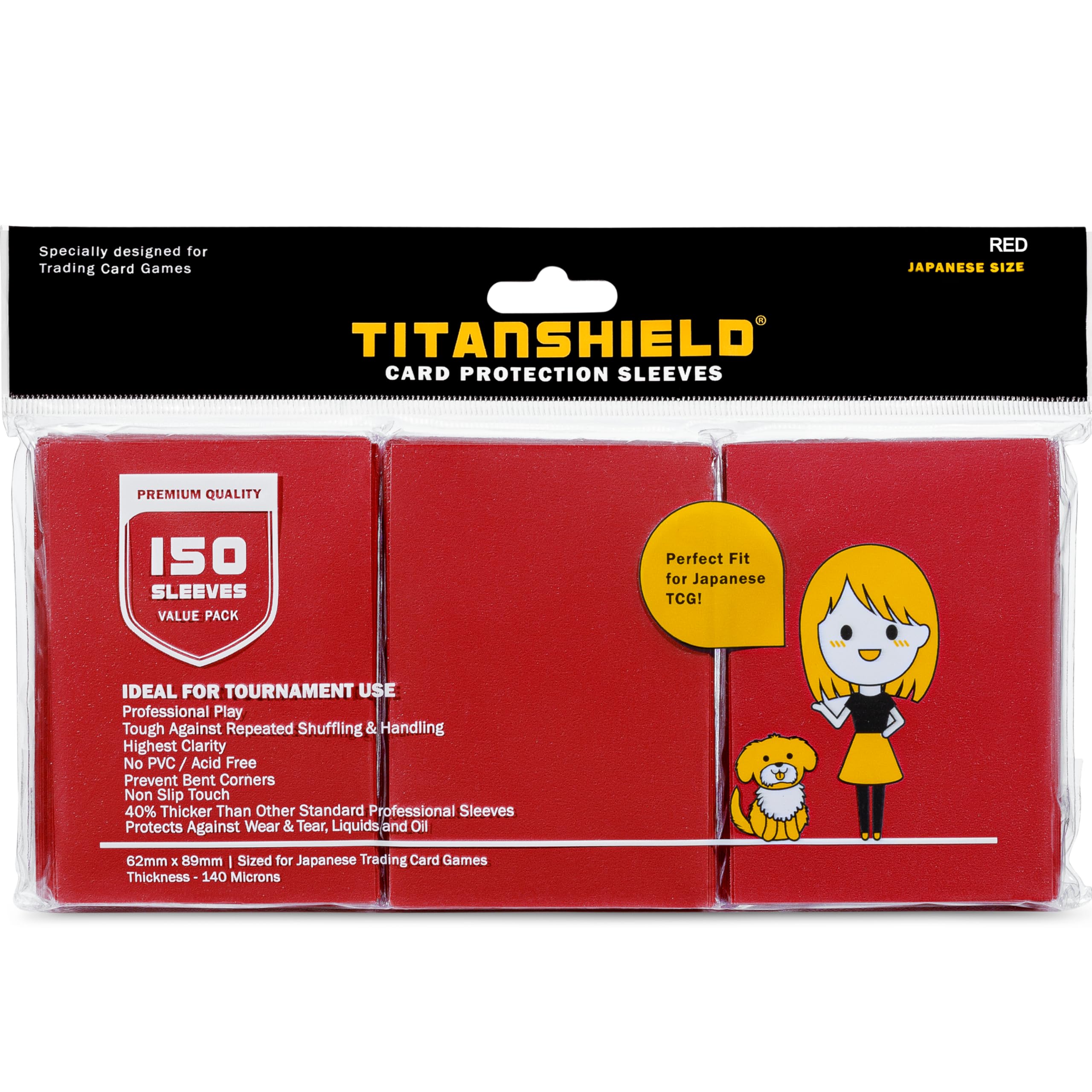 TitanShield Red Small Japanese Size Card Sleeves (150 Pack) – 140-Micron Deck Protectors for Yu-Gi-Oh & Vanguard