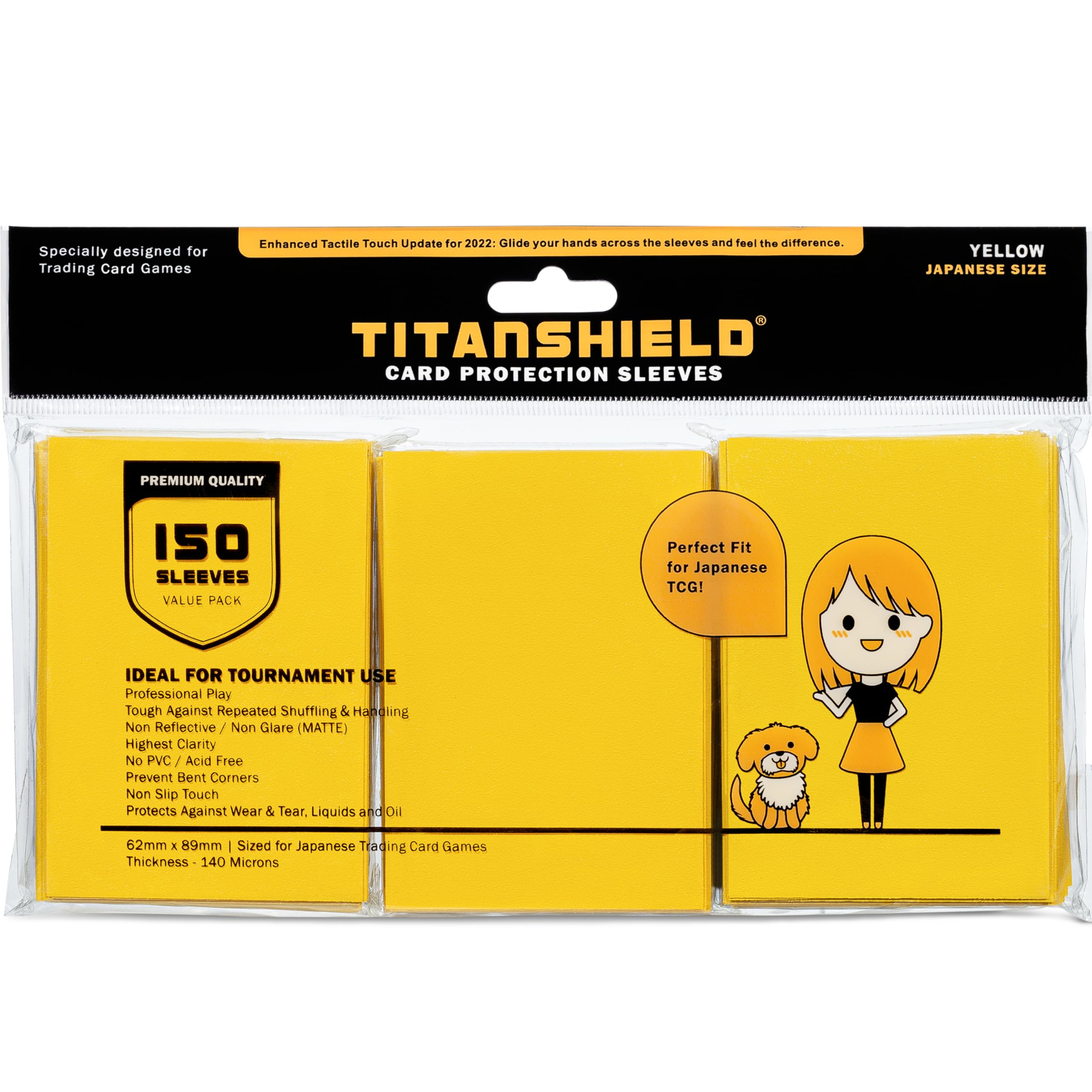TitanShield Small Japanese Size Card Sleeves (150 Pack, Yellow) – Deck Protectors for Yu-Gi-Oh, Vanguard & More