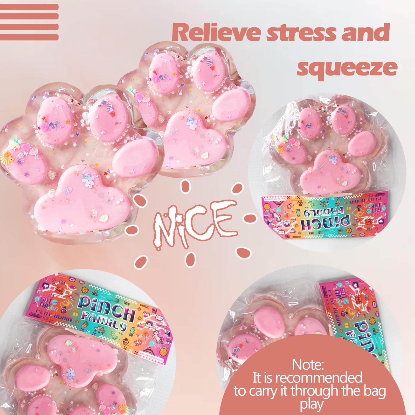 Titata Giant Furry Cat Paw Squishy Toy - Oversized Squeeze Fidget for Stress Relief - Clear & Pink