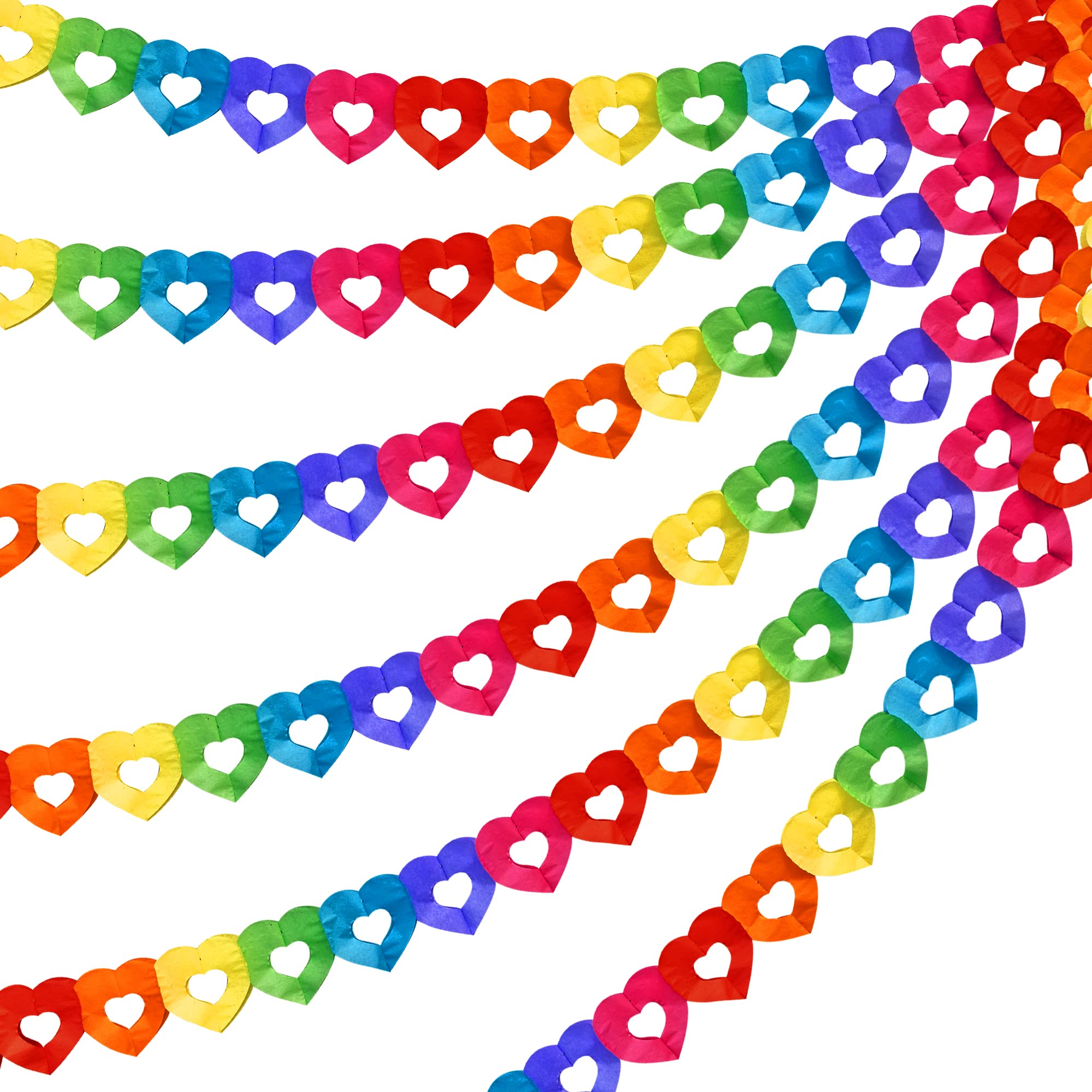Tlswshsy 6-Pack Rainbow Heart Paper Garland - 60 Feet Total, Heart-Shaped Hanging Decorations for Parties, Weddings, Parades