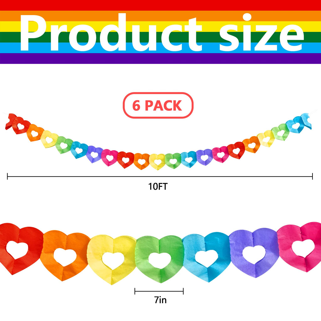 Tlswshsy 6-Pack Rainbow Heart Paper Garland - 60 Feet Total, Heart-Shaped Hanging Decorations for Parties, Weddings, Parades