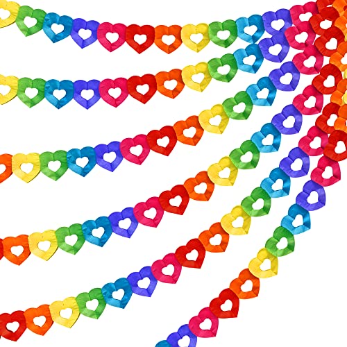 Tlswshsy 6-Pack Rainbow Heart Paper Garland - 60 Feet Total, Heart-Shaped Hanging Decorations for Parties, Weddings, Parades