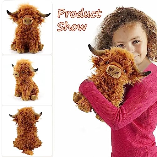 Toaje 10.8 Inch Brown Highland Cow Plush Toy - Handmade Soft Scottish Cattle Stuffed Animal