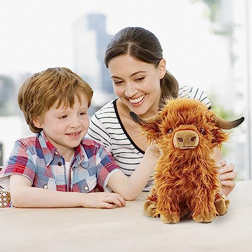 Toaje 10.8 Inch Brown Highland Cow Plush Toy - Handmade Soft Scottish Cattle Stuffed Animal