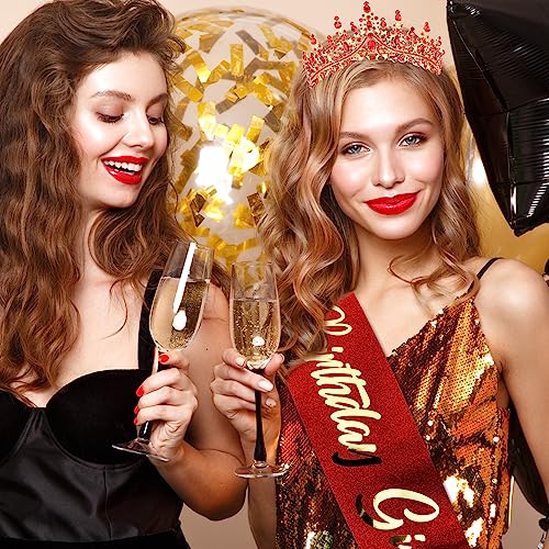 TOBATOBA Birthday Crown and Sash Set – Red Tiara and Pink Birthday Girl Sash for Women and Girls