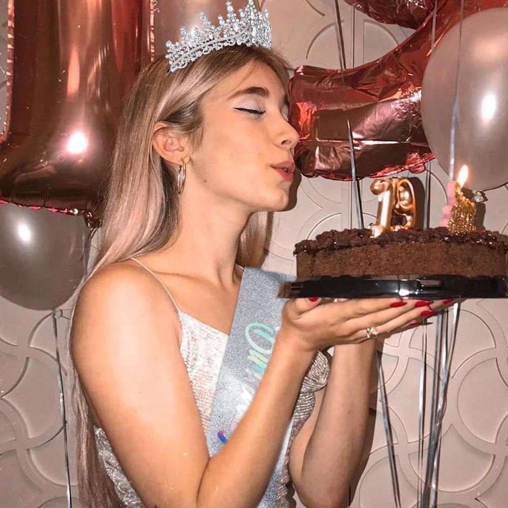 TOBATOBA Silver Princess Birthday Crown and Sash Set for Women and Girls