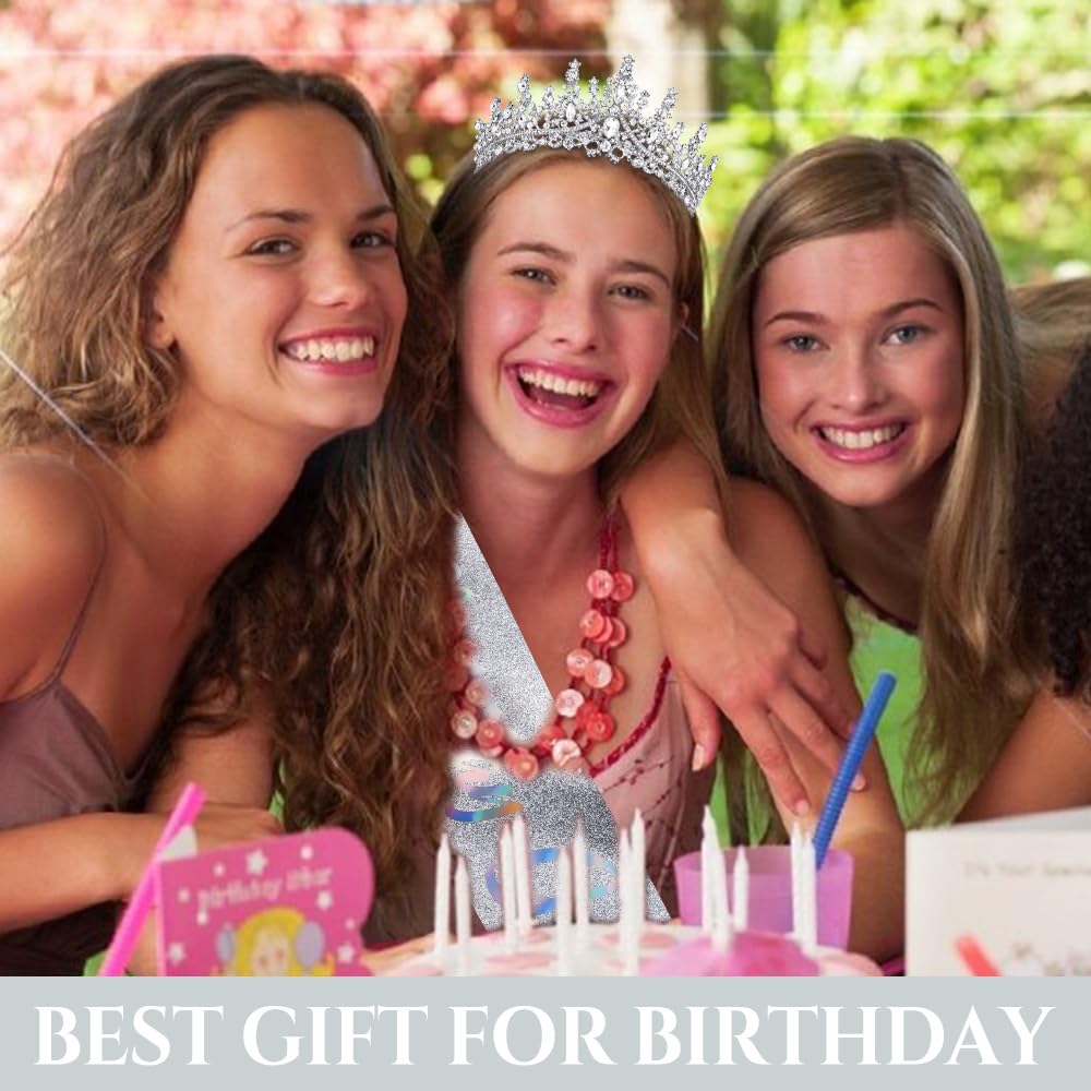 TOBATOBA Silver Princess Birthday Crown and Sash Set for Women and Girls