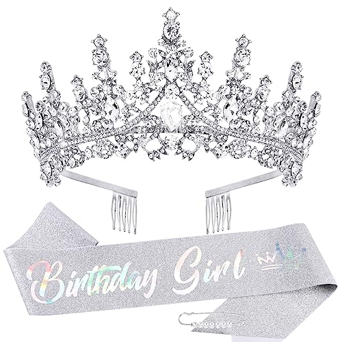 TOBATOBA Silver Princess Birthday Crown and Sash Set for Women and Girls