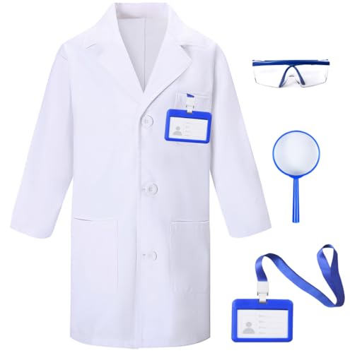 TOGROP 4-Piece Kids Lab Coat Costume - Thick White Doctor Scientist Dress-Up Set for Ages 3-12