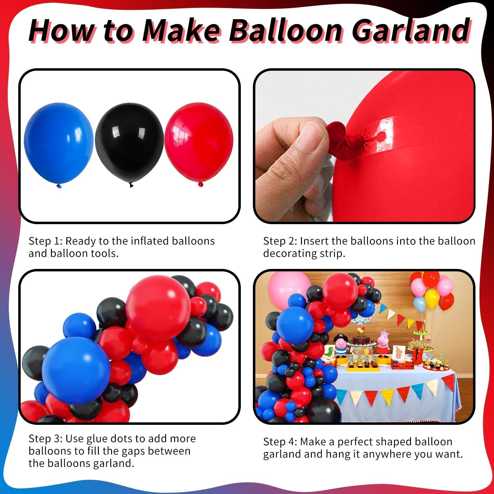 Togvu 101-Piece Red Blue Black Balloon Arch Garland Kit – Matte Latex Balloons for Birthday, Graduation, Party Decorations