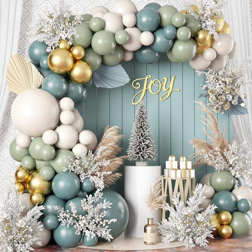Togvu 107-Piece Dusty Sage Green Slate Blue Gold Balloon Garland Kit – Boho Pastel Balloon Arch for Birthday Wedding Baby Shower