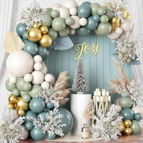 Togvu 107-Piece Dusty Sage Green Slate Blue Gold Balloon Garland Kit – Boho Pastel Balloon Arch for Birthday Wedding Baby Shower