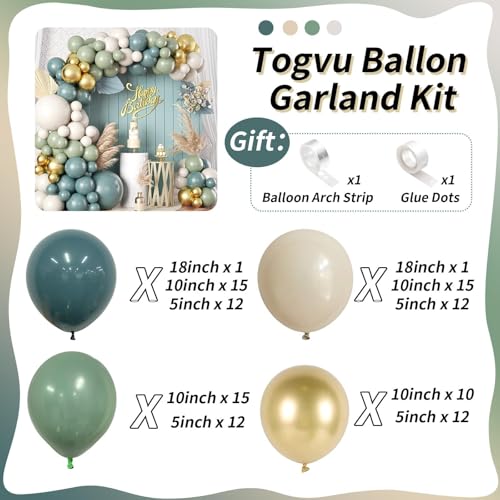 Togvu 107-Piece Dusty Sage Green Slate Blue Gold Balloon Garland Kit – Boho Pastel Balloon Arch for Birthday Wedding Baby Shower