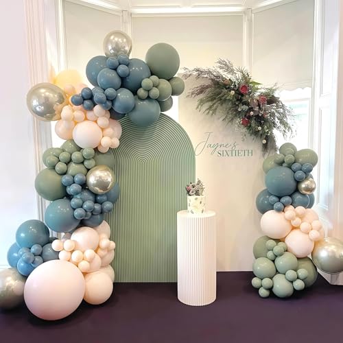 Togvu 107-Piece Dusty Sage Green Slate Blue Gold Balloon Garland Kit – Boho Pastel Balloon Arch for Birthday Wedding Baby Shower