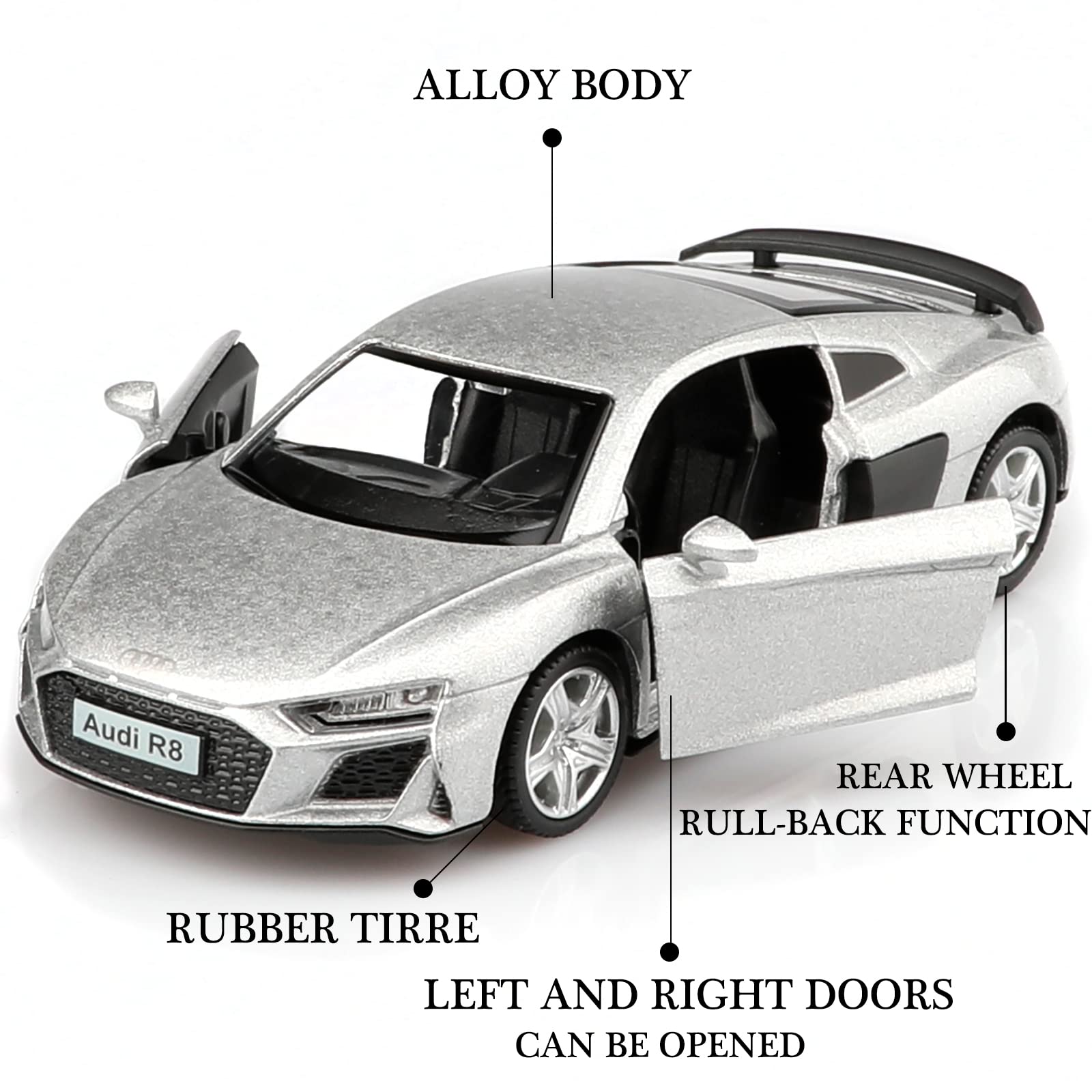 TOKAXI 1/36 Scale Audi R8 Diecast Car – Pull-Back Toy with Opening Doors
