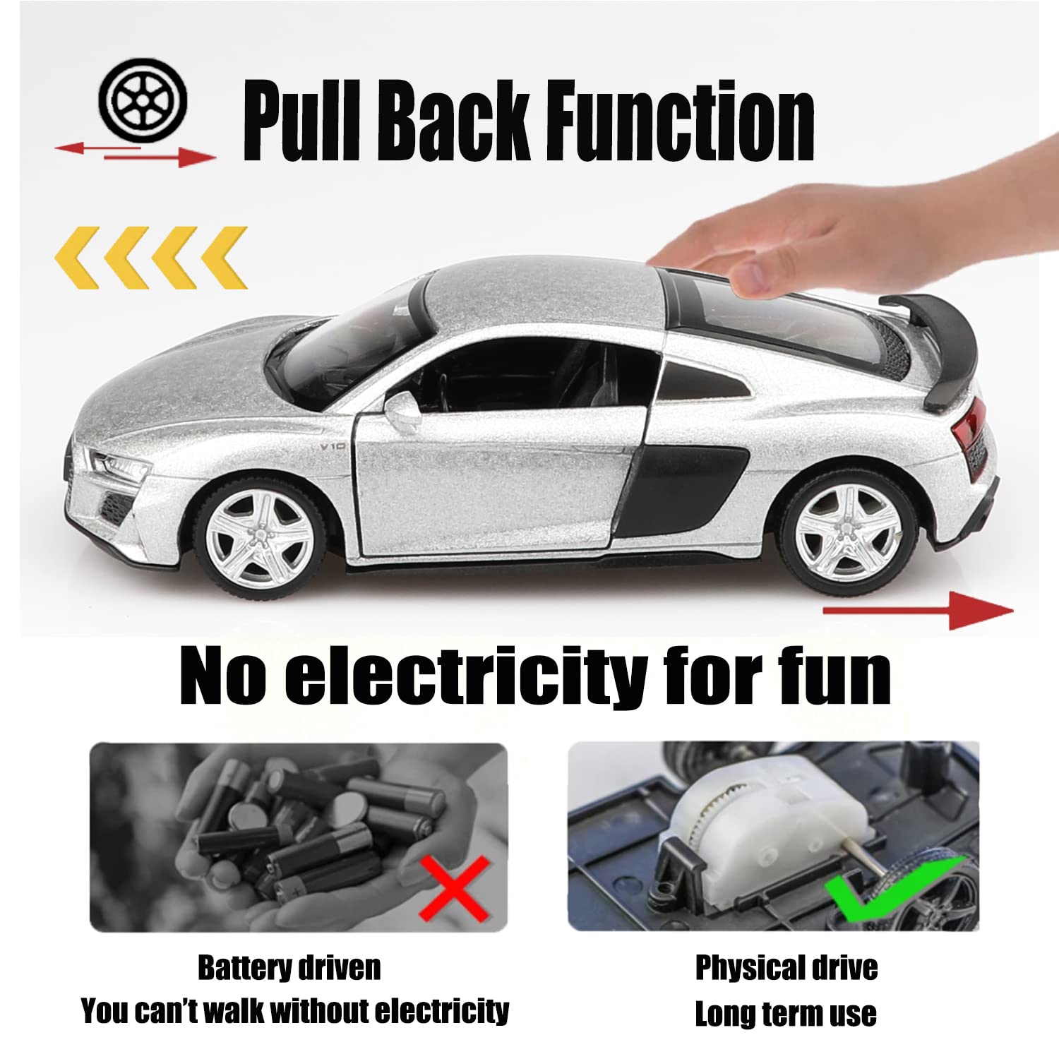 TOKAXI 1/36 Scale Audi R8 Diecast Car – Pull-Back Toy with Opening Doors