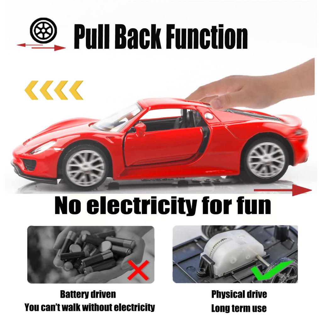 TOKAXI 1/36 Scale Porsche 918 Spyder Diecast Model Car – Pull-Back Toy with Opening Doors (Red)