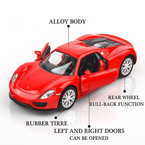 TOKAXI 1/36 Scale Porsche 918 Spyder Diecast Model Car – Pull-Back Toy with Opening Doors (Red)