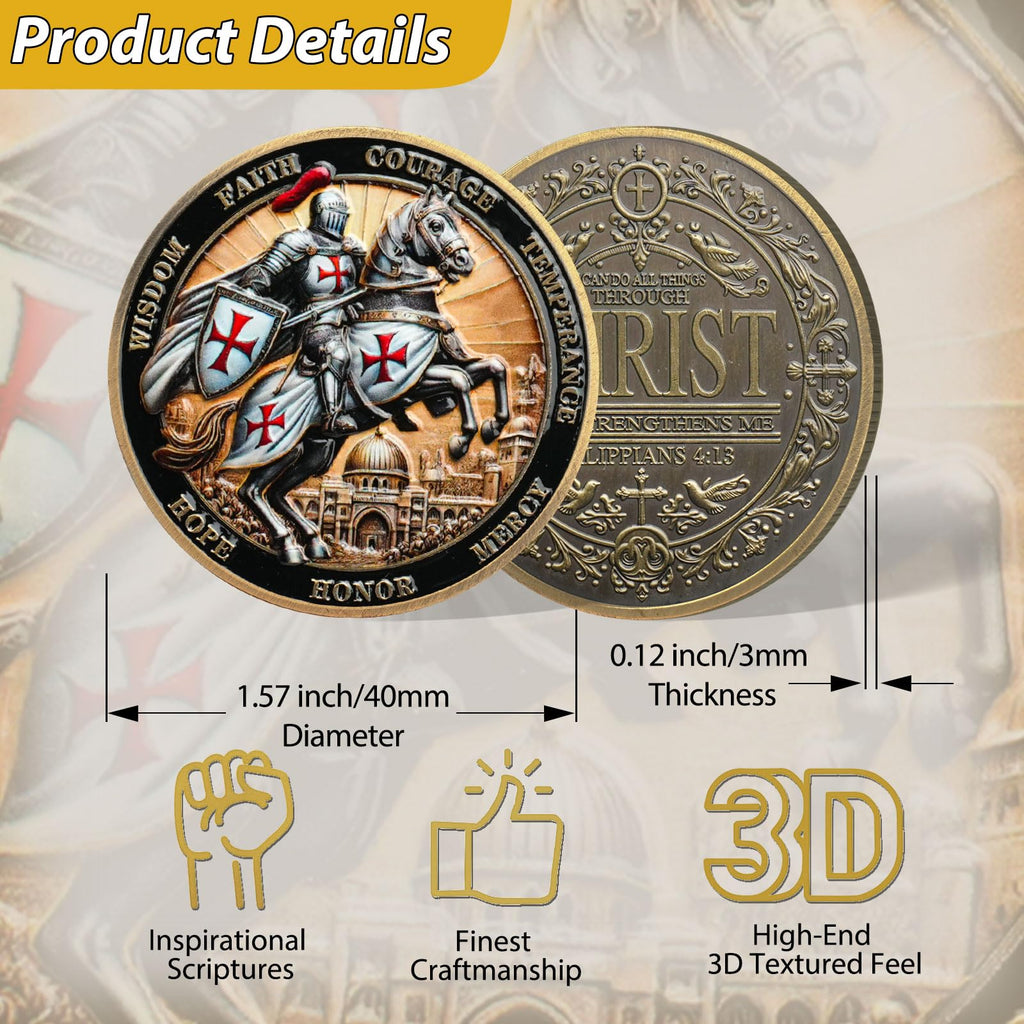 Tokenara Knights Templar Christian Challenge Coin – Philippians 4:13 Bible Verse, Zinc Alloy, 1.57 Inch, Protective Capsule