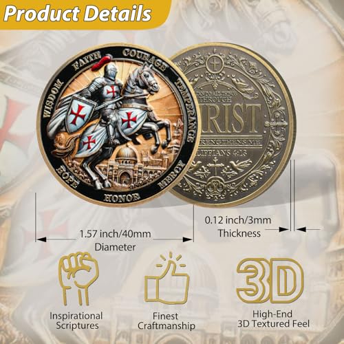 Tokenara Knights Templar Christian Challenge Coin – Philippians 4:13 Bible Verse, Zinc Alloy, 1.57 Inch, Protective Capsule