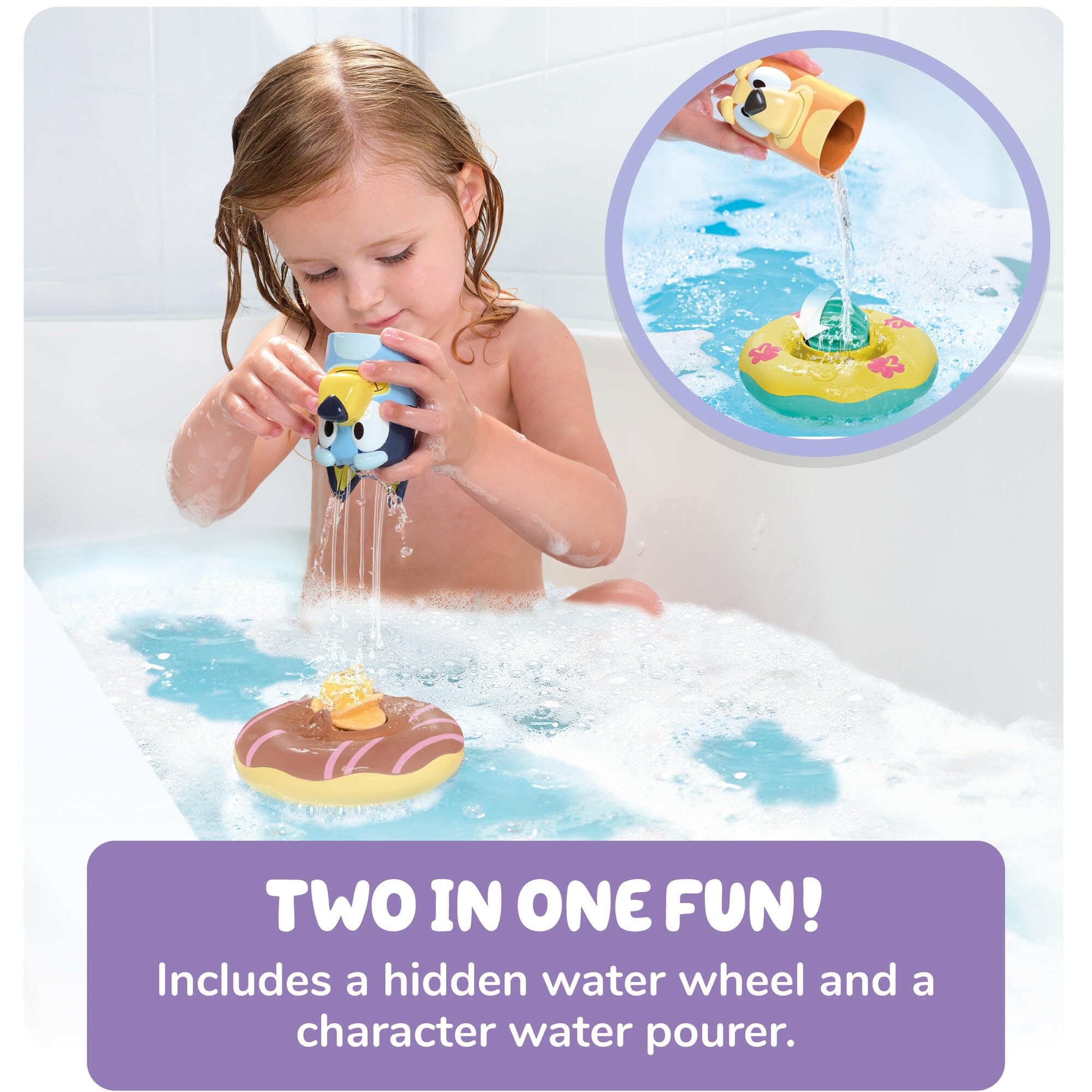 TOMY Toomies Splash & Float Bluey and Bingo Water Toys - 2-in-1 Bath & Pool Set with Pour Cups and Water Wheels - Officially Licensed - Ages 18m+