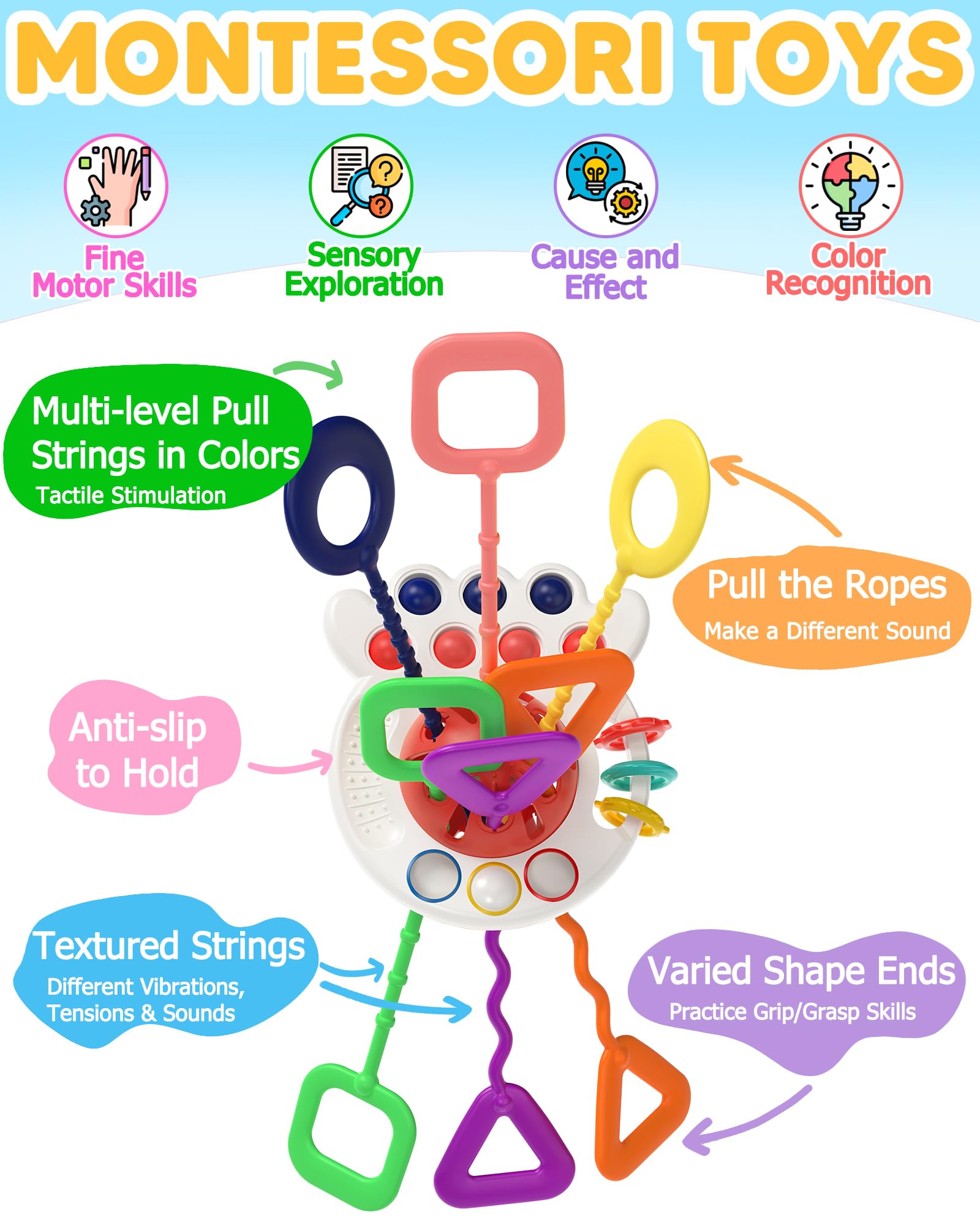 Tonberless Baby Sensory Octopus Toy – Montessori Pull String Toy for 6-18 Months, Travel-Friendly