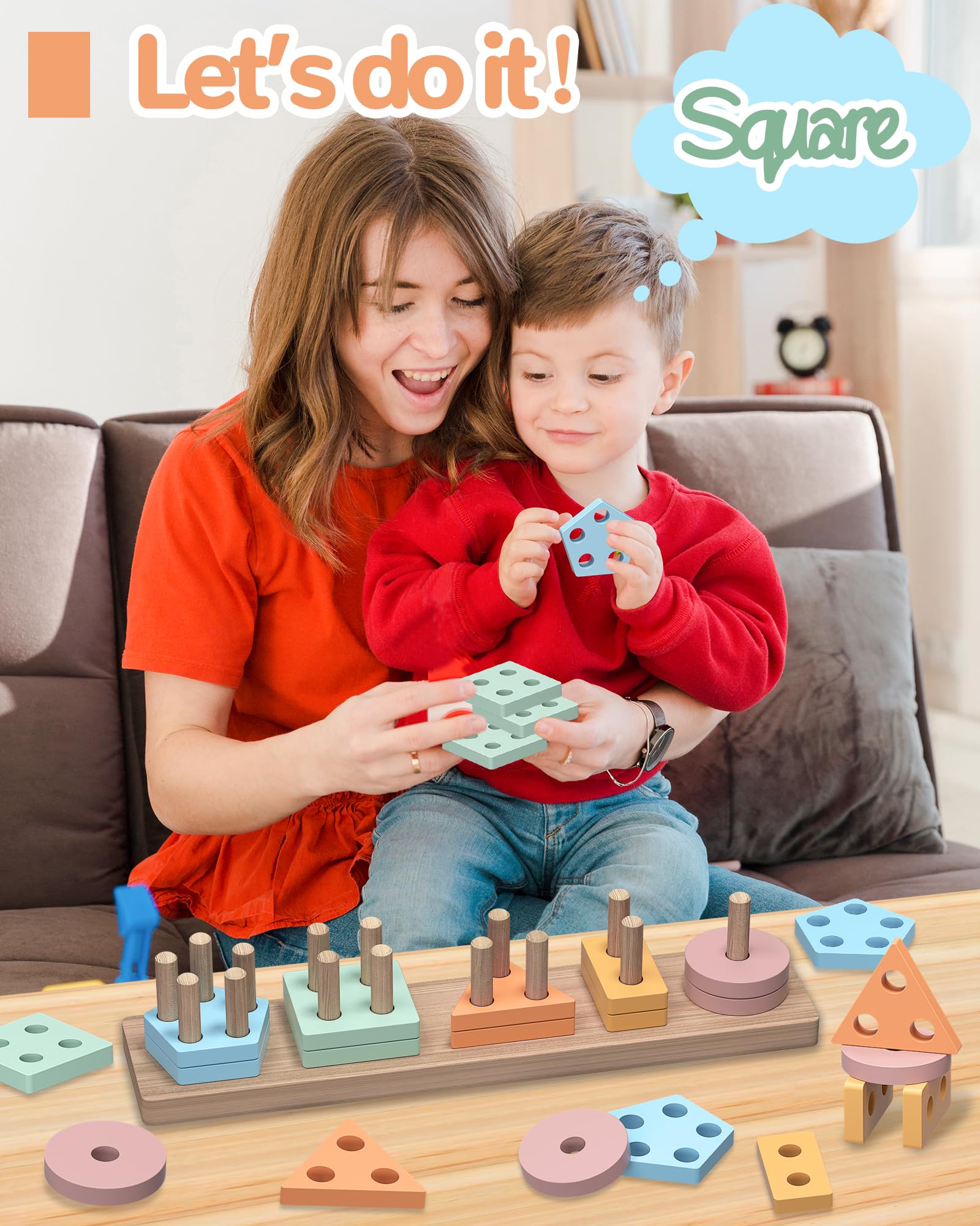 Tonberless Wooden Montessori Toys for 1-3 Year Olds - Sorting & Stacking Puzzle with 20 Pieces