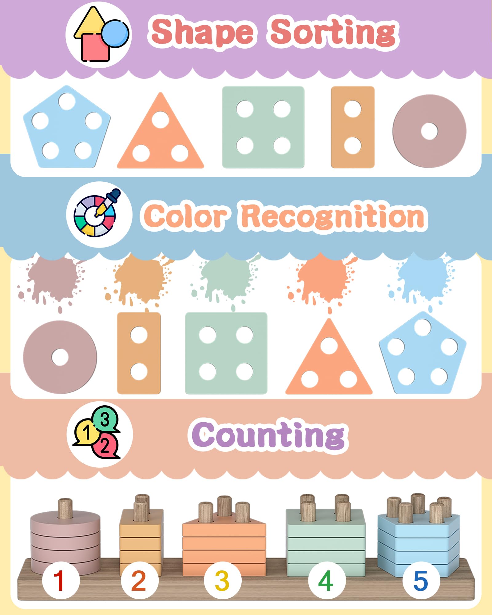 Tonberless Wooden Montessori Toys for 1-3 Year Olds - Sorting & Stacking Puzzle with 20 Pieces