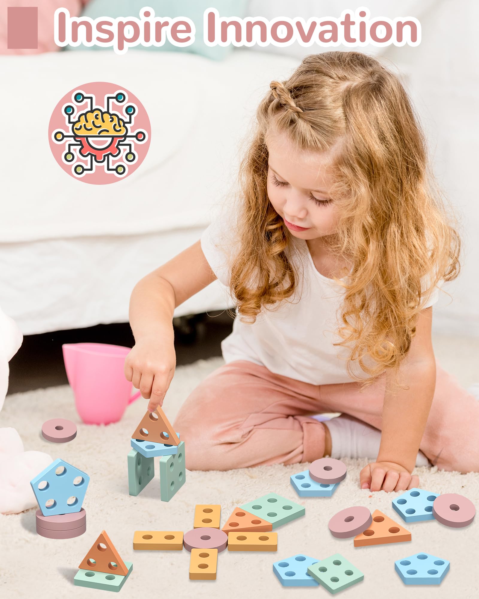 Tonberless Wooden Montessori Toys for 1-3 Year Olds - Sorting & Stacking Puzzle with 20 Pieces