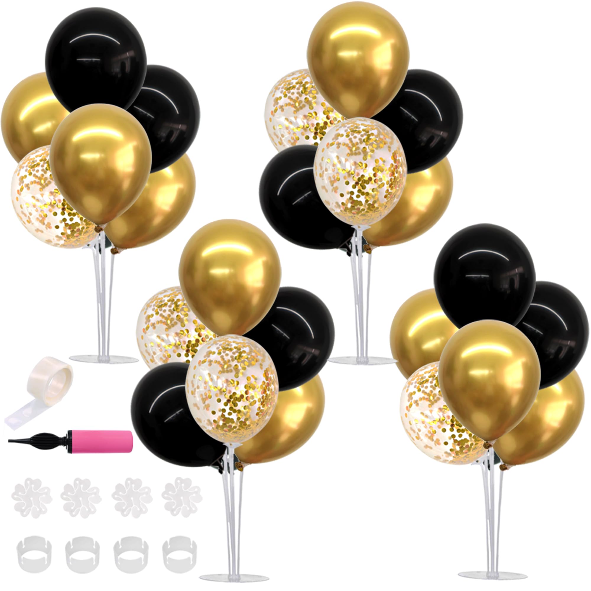 TONIFUL 4-Pack Black Gold Balloon Centerpieces for Graduation 2026, Birthday & Anniversary – Reusable Stand Kit with 32 Balloons