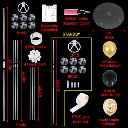 TONIFUL 4-Pack Black Gold Balloon Centerpieces for Graduation 2026, Birthday & Anniversary – Reusable Stand Kit with 32 Balloons
