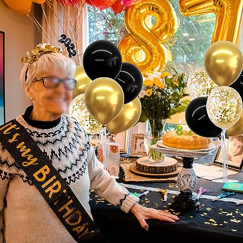 TONIFUL 4-Pack Black Gold Balloon Centerpieces for Graduation 2026, Birthday & Anniversary – Reusable Stand Kit with 32 Balloons