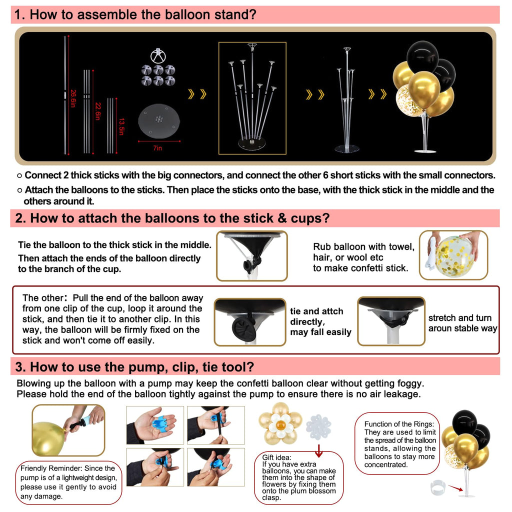 TONIFUL 4-Pack Black Gold Balloon Centerpieces for Graduation 2026, Birthday & Anniversary – Reusable Stand Kit with 32 Balloons