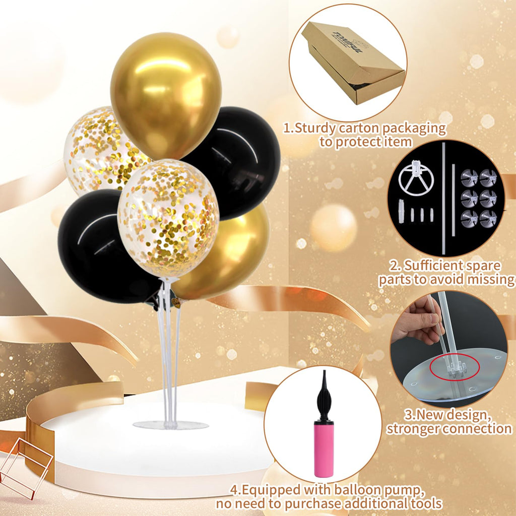TONIFUL 4-Pack Black Gold Balloon Centerpieces for Graduation 2026, Birthday & Anniversary – Reusable Stand Kit with 32 Balloons