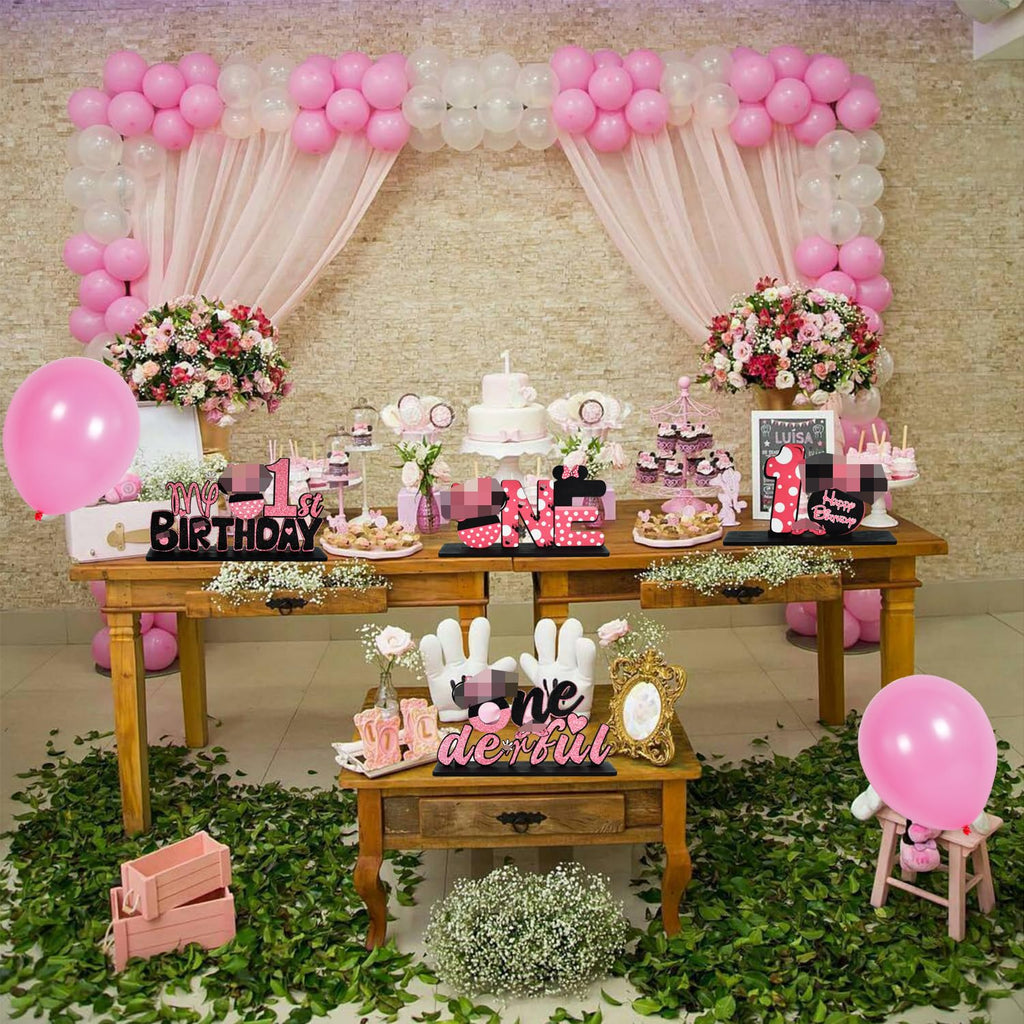 TONIFUL Pink Mouse 1st Birthday Party Centerpieces (4 Pack) – Wooden Table Decor for Girls