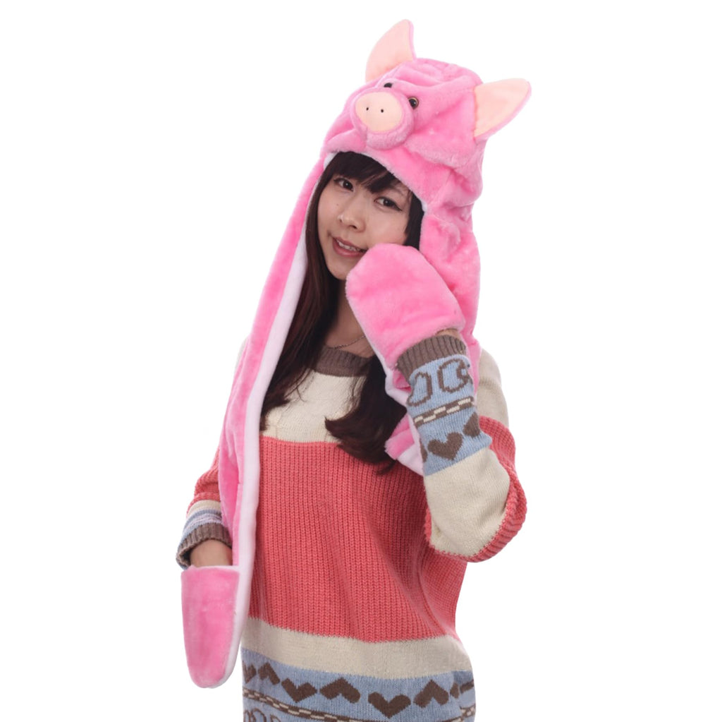 TONWHAR Cartoon Animal Hood Hoodie Hat with Attached Scarf and Mittens for Girls