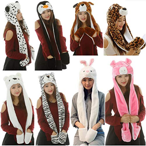TONWHAR Cartoon Animal Hood Hoodie Hat with Attached Scarf and Mittens – Soft Plush Fleece One Size for Kids and Adults