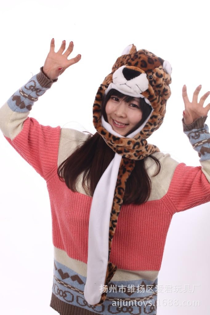 TONWHAR Cartoon Animal Hood Hoodie Hat with Attached Scarf and Mittens – Soft Plush Fleece One Size for Kids and Adults